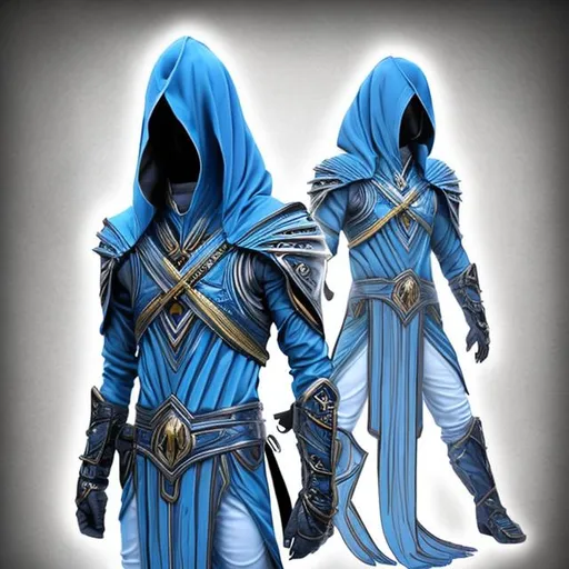 Prompt: men's combat cloth with hood in futuristic style, full body, gold and blue colors, sketches