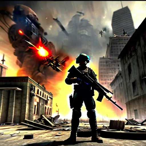 Prompt: realistic soldier holding a gun rifle, realistic graphics, in background add destroyed buildings, add destroyed city, add detail to face, 3d,   HD, man