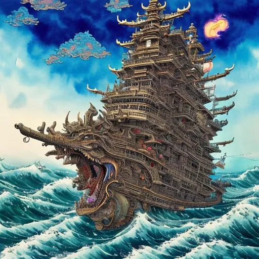 Prompt:  Mid Journey while tripping on LSD paints A japanese watercolor painting of a dragon ship, an ornate sea vessel, intricate and ultra detailed and its lady captain, sailing the open sea in style of Yamato-e