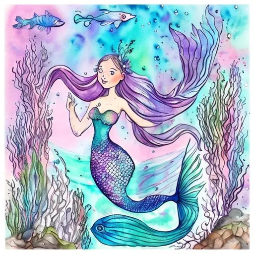 Prompt: One mermaid. Kids drawing style with watercolours finish. Pink and pastels. Glitters. Aquatic plants.