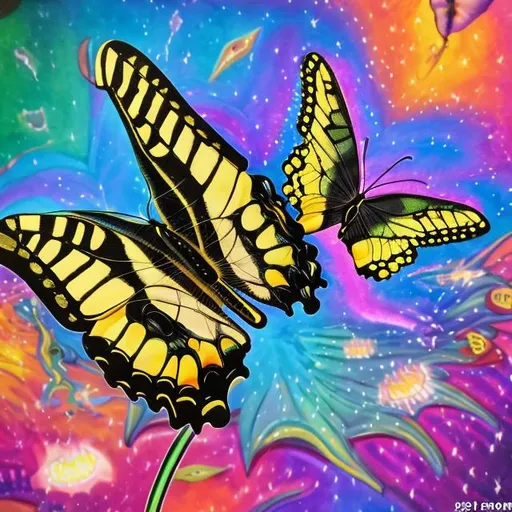 Prompt: Lisa frank style of swallowtail diorama