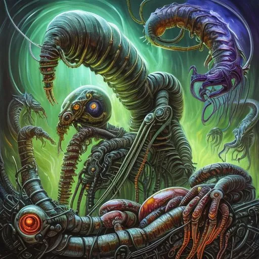 Prompt:  fantasy art style, painting, giving birth, pain, woman, woman giving birth, robotic, green, green lights, green neon lights, lightning, colourful, murky, H. R. Giger, biological mechanical, pipes, evil robot, egg, queen, queen ant, snakes, serpents, eels, tentacles, jellyfish, squid, giant robot, robot, machine, pregnant robot, war machine, inseminate, insemination, pregnancy, pregnant, mother, mother with pregnant belly, pregnant woman, futuristic, dystopian, alien, aliens, forced insemination, egg laying, procreation, breeding, brood, clutch of eggs
