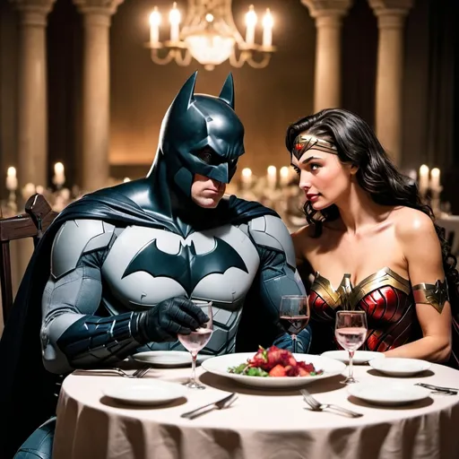 Prompt: batman and wonder woman on a romantic dinner