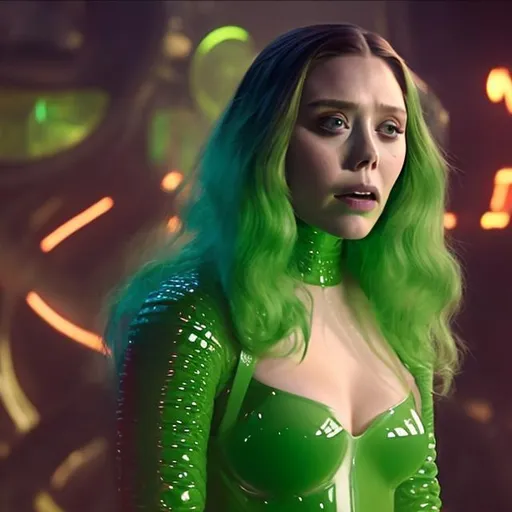 Prompt: Alluring Elizabeth olsen with a black mohawk and an aroused expression is wearing a sour apple green translucent lumpy jello body suit and posing enticingly 