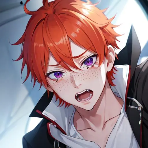 Prompt: Erikku male adult (short ginger hair, freckles, right eye blue left eye purple) UHD, 8K, Highly detailed, insane detail, best quality, high quality,  anime style, in purgatory, yelling, upset, crying out for help