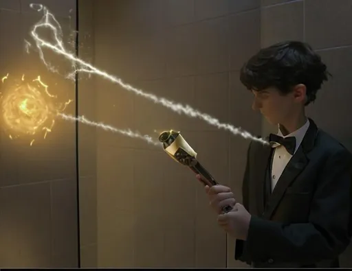 Prompt: 13 year old boy in a tuxedo cast a magic spell on someone in a bathroom stall with his magic wand  from the outside. Do not show the inside of the stall. Just show the boy in his tuxedo pointing his magic wand and casting the spell on the stall that has crazy magic dust spewing out of the top every wich way
