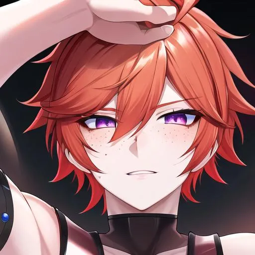 Prompt: Erikku male (short ginger hair, freckles, right eye blue left eye purple) UHD, 8K, Highly detailed, insane detail, best quality, high quality, fighting, in pain
