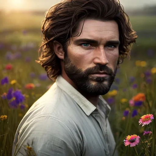 Prompt: Splash art portrait of ruggedly handsome dark brown haired Celtic man with short hair, with a stubble, 30 years old, in a field with summer flowers in the Irish countryside, very dark brown eyes, peasant clothes, elegant, highly detailed, intricate, smooth, sharp focus, artstation, digital painting, concept art, art by greg rutkowski, alphonse mucha and John William Waterhouse, light, romantic, 