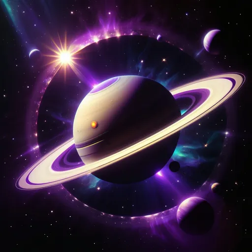 Prompt: 1980s sci-fi stylized art style, saturn in the dark of space, rays of sun shining, vibrant bright purple colors, glittering galaxies