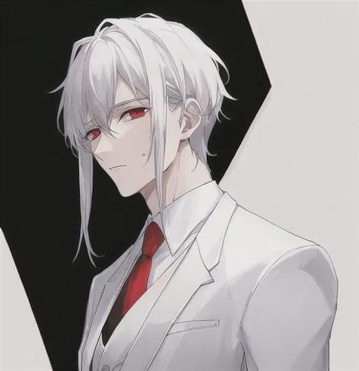 A white haired young anime boy, blindfolded, grey ci