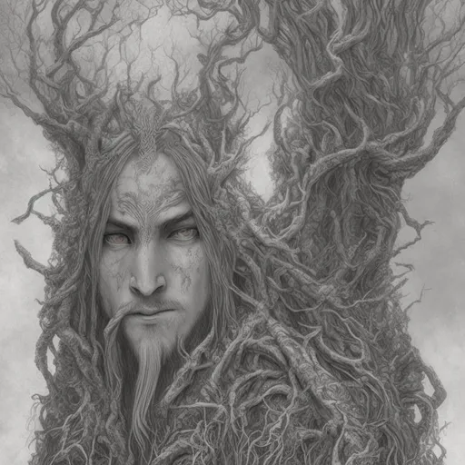 Prompt: An elven god with a detailed face that controls the winter and is immune to cold. The god has some tree-like features. 