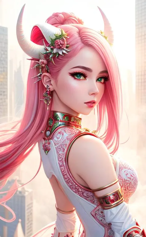 Prompt: hyperdetailed intricate elaborate beautiful girl, with smooth pink hair, two very small red horns,

hyperdetailed red an white clothes,

hyperdetailed white buildings, futuristic city, green plants, cosmic mist,

cinematic lighting, colorful glamorous sunshine, windy, sunny,

album cover art, 128K resolution,