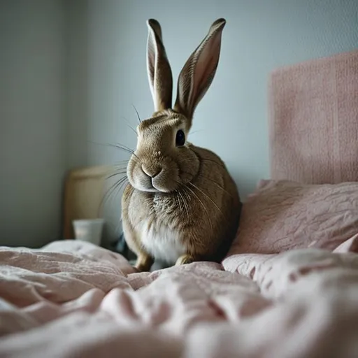 A rabbit in a bedroom 