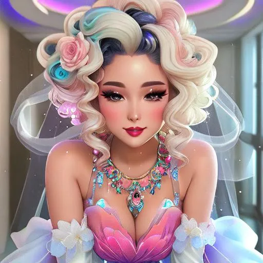 Prompt: Beautiful and sweet girl of warm glaze, wearing vaporous wedding dress, discrete make up, glowing up, large curly black marine blue hair, light sparkles, drapping, big lips, pink cheeks, translucid, unreal engine 8k octane, 3d lightning, stellar clouds, quartz and opal, gem rain, soft white skin, long wavy hair, nice smile, luminous chest, fantasy, silence