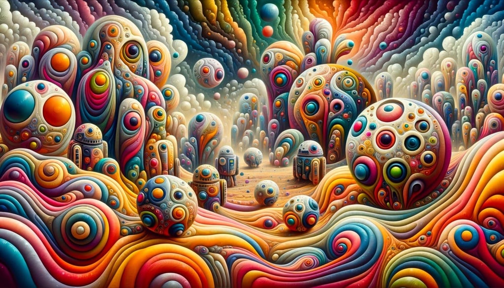 Prompt: Abstract painting showcasing a surrealistic desert landscape with bulbous formations. Colorful robots, with intricate designs and patterns, are scattered throughout the landscape. The overall feel of the painting is reminiscent of psychedelic art, with vibrant, swirling colors and dreamlike imagery.