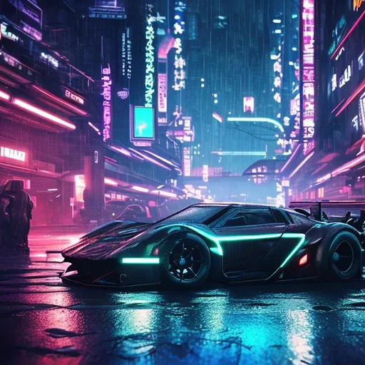 Prompt: cyberpunk, futuristic, sporty cars, neon lights, rustical, rainy, dark, lonely, nostalgic, sunset, crossing, shops, realistic graphic, neo tokyo, point of view car, steering wheel, inside car