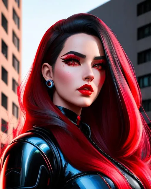 Prompt: atompunk woman with flying hyperdetailed red and black long hair and with cute face, beautiful hyperdetailed gloss lips, nose piercing,
standing in apocalyptic city, perfect composition, hyperrealistic, photorealism, super detailed, 8k, high quality, trending art, trending on artstation, sharp focus, studio lighting, intricate details, hyperdetailed photography by Steve Ditko, dino tomic
