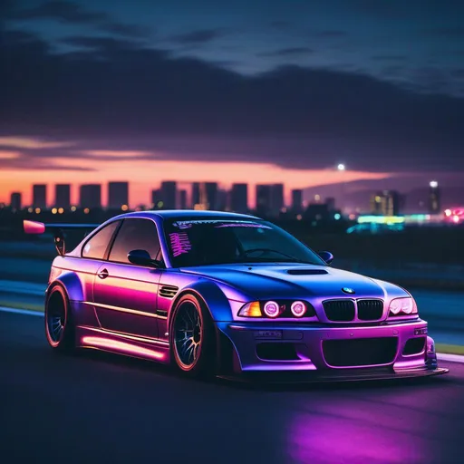 Prompt: 2001 BMW M3 E46 GTR, synthwave, aesthetic cyberpunk, miami, highway, dusk, neon lights, coastal highway, dusk, neon lights, coastal highway, sunset, drift, nurburgring