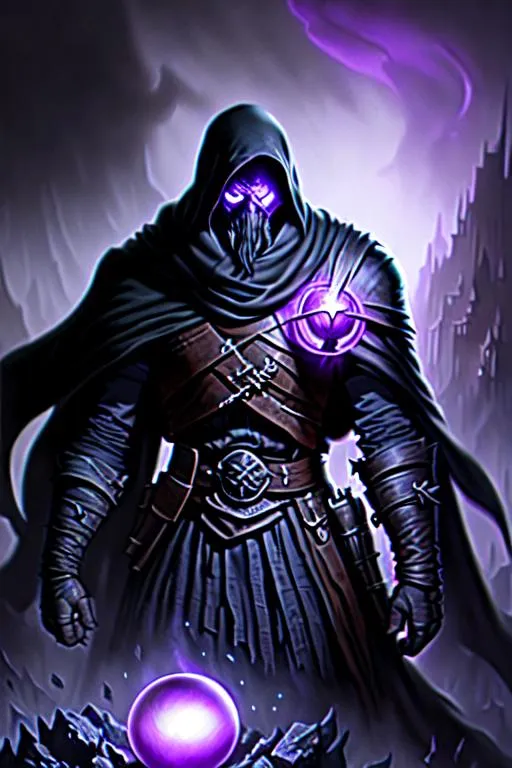 Prompt: Grimdark dark fantasy, contrast with bright colors, (male rogue), and (female sorceress), purple glowing orb, background is dark stone city, sense of cosmic horror, by carl bloch