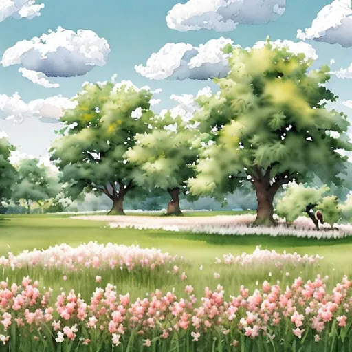 Prompt: paint a watercolour painting with a couple picnicking, one cherry tree in pink, pale blue sky and white a couple of clouds, pastel green tones for the grass. Create a high pixel quality spring scene in nature using the items mentioned in the previous sentence. 
