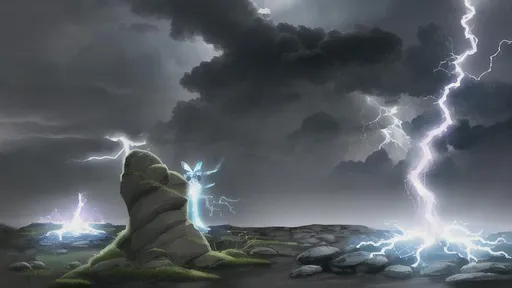 Prompt: evee touching a thunder stone to evolve while lightning hits in the background