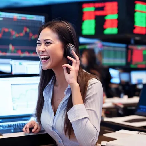 Prompt: a female trading in the forex market being excited
