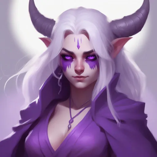 Prompt: dnd a cute purple female demon with long messy white hair and silver eyes wearing purple and white robes