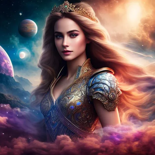 Prompt: create a photograph of beautiful fictional female princes, extremely, wide angle, detailed environment, detailed background,planets an nebulae in sky highly detailed, intricate, detailed skin, natural colours , professionally colour graded, photorealism, 8k, moody lighting