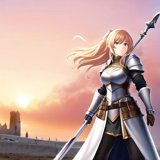 Prompt: Female Fighter, Wearing Heavy Armor, Wielding a spear, Set in Medieval time period. Display full body, Background is ruins, time of day is Dusk