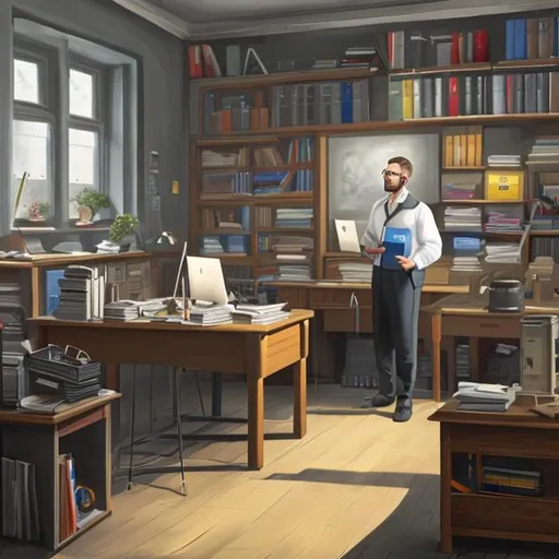 Prompt: create a 4k painting of a researcher working in his office at a university in UK.