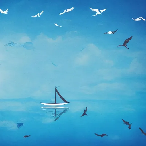 Prompt: Ship upside down, floating on the ocean, aquatic animals surrounding, birds flying, clear blue sky, god's rays.