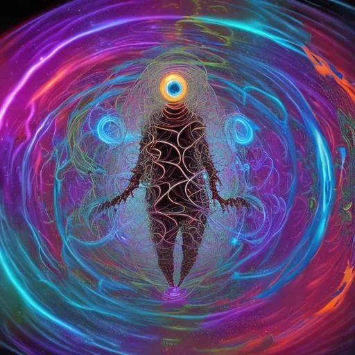 Prompt: A 10th Dimensional view, of a hyper-plex 8th dimension, amidst a magnetic-pole reversal, collapsing in on itself, in the middle exists a schitzophrenic wizard using 8 multi-paralel finger joints to tug and control the strings of the 4th dimension of time. his 3 eyes, all reflect the multi- platitude of the 5th dimensional hyperspace, the entire image embodied 2-dimensionaly in the 3rd dimension. there are many triangles