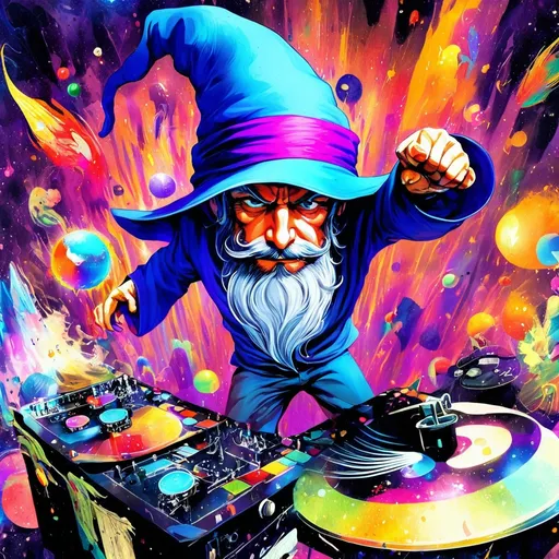 Prompt: Wizard, with a long gray beard, smiling, wearing bluish/purplish clothes, wearing a pointed wide-brimmed wizard hat, standing behind a set of turntables, scratching record with one hand, surrounded by colorful lights, surrounded by abstract lifeforms, detailed, vivid colors, dramatic, graphic novel illustration, 2d shaded retro comic book