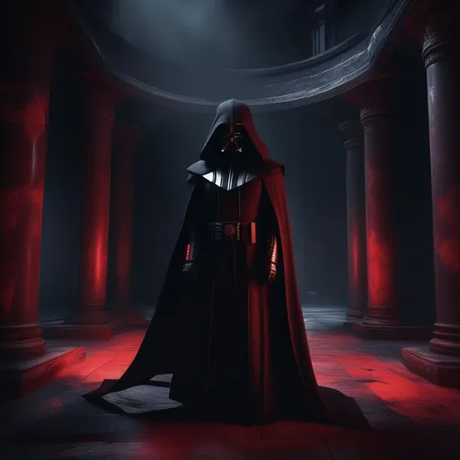 Prompt: A haunting scene of sith temple, portrait of Sith Lord in a sith outfit (glowing eyes:1. 2), Staggering through a dark, abandoned tempple, (shadows:1. 1) lurking in corners, Tattered remains of dead robes, anxious atmosphere, 8k, Gruesome details, unsettling, cinematic, mysterious, captivating, anxious, post a war, 8k, concept art, trending on artstation
