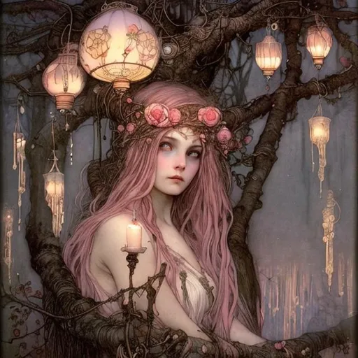 Prompt: Druid witch Girl with pretty detailed face rose gold pinkish hair perched high in a tree branch with lanterns by John bauer high contrast John William Waterhouse high bloom