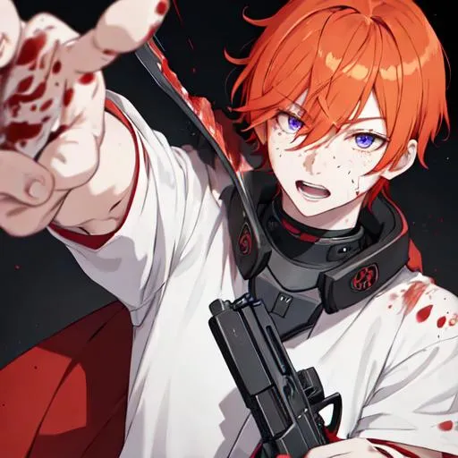 Prompt: Erikku male adult (short ginger hair, freckles, right eye blue left eye purple) UHD, 8K, Highly detailed, insane detail, anime style, covered in blood, psychotic, holding a shotgun pointing at the camera