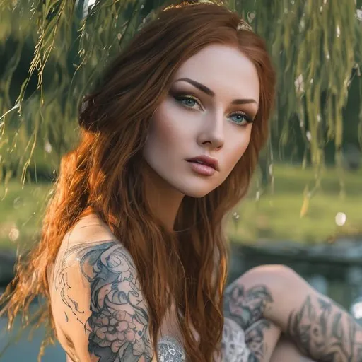 Prompt: highly detailed beautiful 30 year old woman sitting under a willow tree beside a river, eye makeup, long lucious red hair and green eyes, Bridal Makeup, bridal hair, bridal jewlery, modern, soft lighting, sun hat, very tattooed, 24mm, Creative Bokeh, Medium Wide Shot, 3d ray tracing, daytime background, golden hour, direct backlighting, rim lighting, outdoor lighting, subsurface scattering unreal engine 5, octane render, trending on artstation, deviantart, brown tones, 8k, cute freckles, seductive, fashionable,