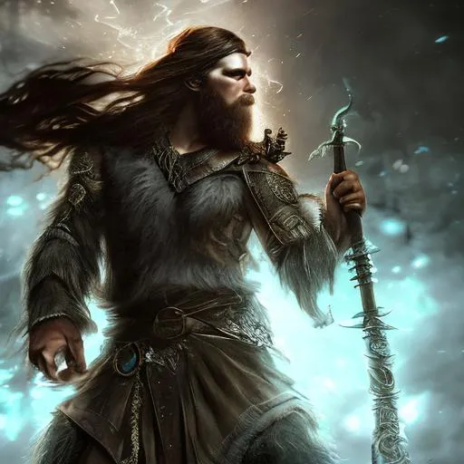 Prompt: real face, full body action, druid wizard wielding a sword and staff engraved with runes, fantasy art, HD, fine detail, action shot, dramatic lighting sparks