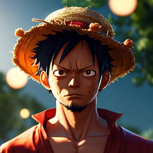 Prompt: luffy,8k,UHD,HDR,HD,hyperrealistict,Render,Trending on ArtStation,bokeh,outdoor,Super Saiyan