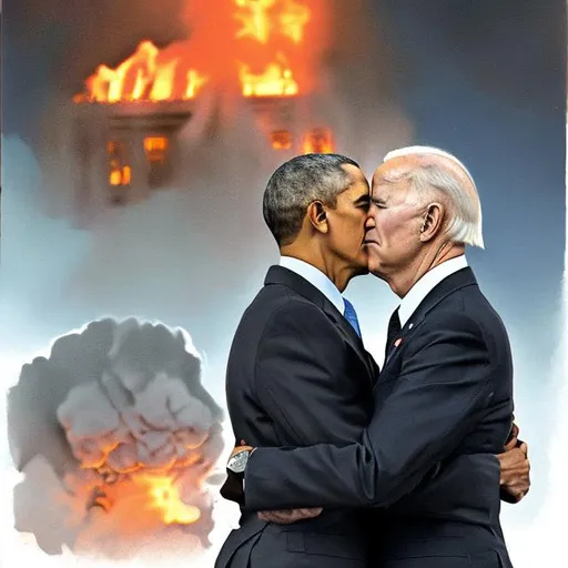 Prompt: Obama kissing Joe Biden's forehead while the white house is on fire in the background (in color)
