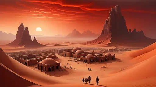 Prompt: ancient farming settlement in foreground, mushroom tree orchards, darkest night, ancient tatooine architecture, no trees, no bushes, no grass, no leafy vegetation, rocky desert alien planet setting, rocky mountainous region,  in the style of frank herbert's dune, stormy night sky filled with red clouds, dust haze, red fog, sand storm, highly detailed, photo-realistic, hyper-real