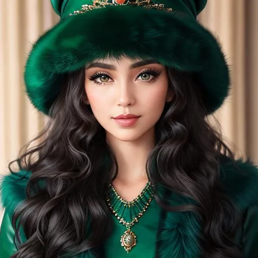 Prompt: Lady all in green, Long  very curly hair, wearing emerald jewelry,face front, blue fashion, fur hat and coat, pretty makeup, facial closeup