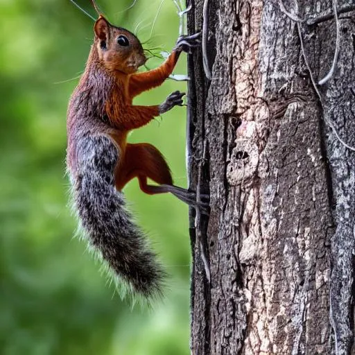 Prompt: ants climbing a tree to get the squirrel who ruined their nest