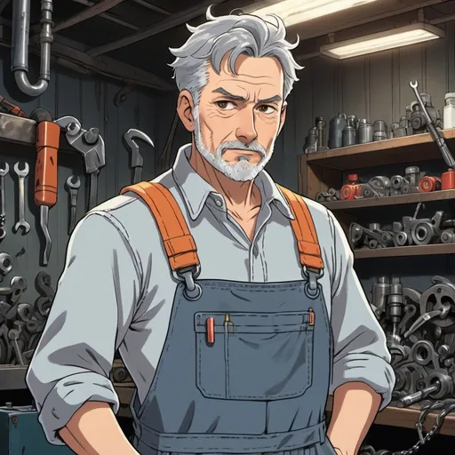 Prompt: Middle aged man with grey hair, dark eyes and grey stubble. Mechanic gear. Overalls. 2d studio ghibli anime style, man with a spanner in a mechanic shop, anime scene