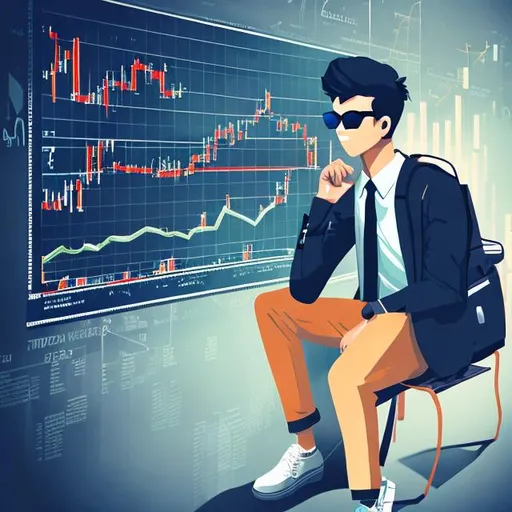 Prompt: cool high school student on wall street with backpack and sunglasses with graphs and indexes in background
