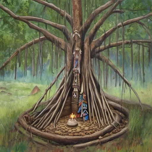 Prompt: A painting of a Native American burial inside a tree 