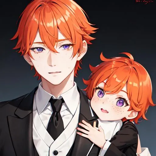 Prompt: Erikku 1male (short ginger hair, freckles, right eye blue left eye purple) wearing black suit at a wedding