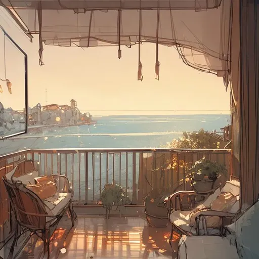 Prompt: concept art design of a cozy balcony near the sea artstation sketch by demizu posuka close up warm colors