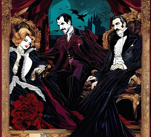 Prompt: (Vincent Price as Van Hellsing conversing with Bela Lugosi as Count Dracula), Black and White pen and ink sketch style, dark color scheme, elegantly gothic attire, intricate details, dim lighting, dramatic shadows, opulent background, luxurious textures, ornate furniture, deep reds and blacks, baroque patterns, solemn atmosphere, rich color tones, dark romanticism, ultra-detailed, 4K, photorealistic masterpiece, timeless elegance.