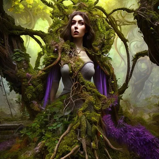 Prompt: Vines growing from a Druids heart through her body into a dead tree brining it back to life, a masterpiece, dark fantasy concept art, dynamic lighting, hyperdetailed, intricately detailed, Splash screen art, deep color, Unreal Engine, volumetric lighting, Alphonse Mucha, Jordan Grimmer, purple and yellow complementary colours